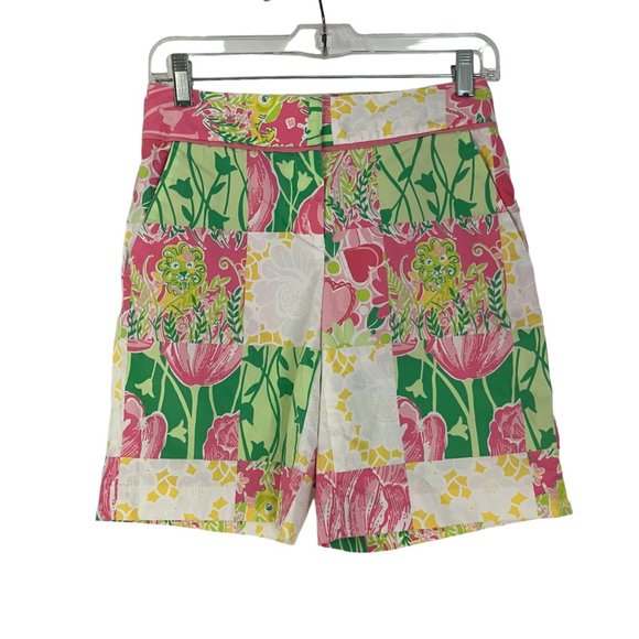 Lilly Pulitzer Pants - Lilly Pulitzer Derby Patch White Pink Green High-Rise Golf Cart Shorts 0